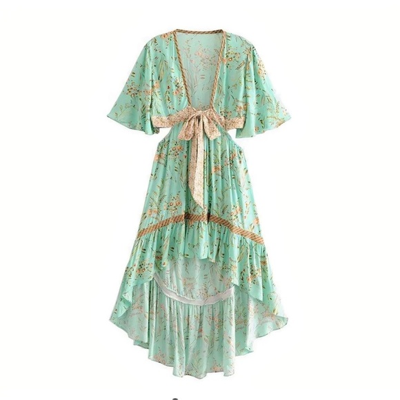 Wicked AF MAISIE High-Low Cotton Midi Mint Green V-neck Long Floral Dress Size M - Picture 5 of 13